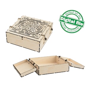 Arquivos DXF, SVG para laser Caixa com dobradiças integradas, tampa esculpida com abertura, projeto vetorial, Glowforge, espessura do material 1/8 polegada (3,2 mm)