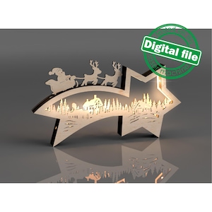 Könnte beinhalten: Weihnachtsdekoration aus Holz in Sternform, mit Santa Claus in einem von Rentieren gezogenen Schlitten. Der Stern hat ein ausgeschnittenes Design einer Winterdorf-Szene. Die Worte "Digital file" stehen in einem grünen Kreis.