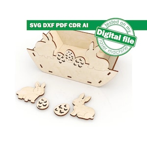Arquivos DXF, SVG para cesta de Páscoa a laser com ovos e duas lebres, Coelho engraçado, Projeto vetorial, Glowforge, Espessura do material 1/8 polegada (3,2 mm)