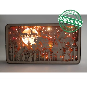 DXF, SVG bestanden voor Light Box Kinderen zingen Christmas Carols, Vliegende rendieren, Santa Claus, Winter bos, Oude stad, Dorp, Gloeiende maan