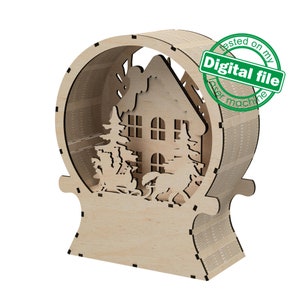DXF, file SVG per laser Wooden Snow Globe Vecchio villaggio, foresta invernale, slittino per ragazzi, ornamento 3D, modello multistrato, materiale 1/8 '' (3 mm)