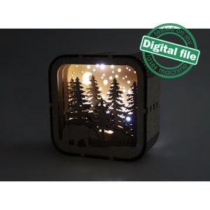 DXF, SVG-bestanden voor laser Kleine schattige kerstlichtbak in de geschenkdoos, Beerfamilie, Winterbos, Glowforge, Materiaal 1/8 inch (3,2 mm)