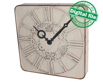 DXF, SVG files for laser Unique Modern Wall Clock Square with round corners, flexible plywood, Mechanic clock face, Material 1/8'' (3.2 mm)