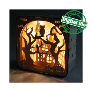 DXF, SVG bestanden voor laser Light box Halloween, Oud kasteel, Pompoenen, Enge bomen, Uil, Schaduwdoos, Glowforge, Materiaal 1/8 inch (3,2 mm)
