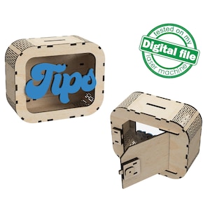 Caixa de gorjetas cortada a laser SVG | Modelo de pote de gorjetas de madeira faça você mesmo para lojas e pequenas empresas | Cofrinho de madeira com nome | Presente personalizado