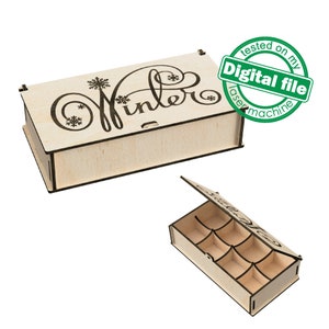 DXF, SVG-bestanden voor laser Geschenkdoos voor chocoladebonbons, handschrift Kalligrafie Winter, gemakkelijk verwijderbare partities, Materiaal 1/8'' (3,2 mm)