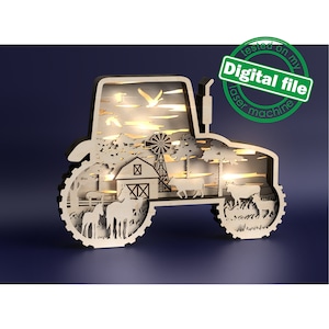 DXF, SVG-bestanden voor laser Light Box Boerderijdieren, koe, paard, schaap, geit & varken, tractor, Glowforge, Multi-Layered Ornament patroon, Shadowbox