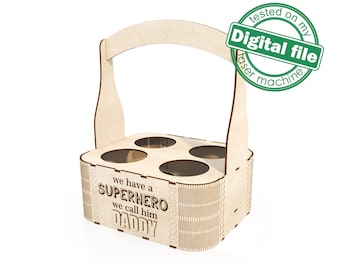 DXF, SVG files for laser Beer holder box Superhero Daddy, Vector project, Glowforge, Material thickness 1/8 inch (3.2 mm)