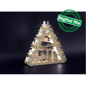 File DXF, SVG per portacandele da tè laser, albero centrale, arco luminoso illuminato, chiosco in legno, foresta invernale, materiale 3 o 4 mm