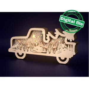 DXF, fichiers SVG pour camion rétro de Noël illuminé au laser, village d'hiver, renne volant, père Noël, caisson lumineux en bois en couches, caisson d'ombre