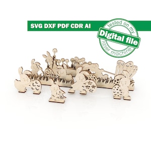 DXF, SVG files for laser Easter cute bunnies, tiered tray decor, Shape, Paint by Line, Glowforge, Material thickness 1/8 inch (3.2 mm)