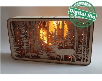 DXF, fichiers SVG pour laser Shadow Box Deer et Fox in the forest, Engraved or Glowing Moon, Glowforge, Épaisseur du matériau 1/8 inch (3.2 mm)