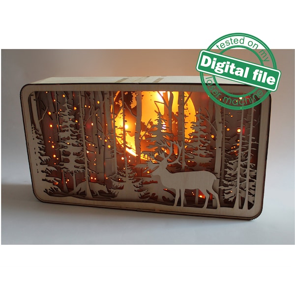 DXF, SVG files for laser Shadow Box Deer and Fox in the forest, Engraved or Glowing Moon, Glowforge, Material thickness 1/8 inch (3.2 mm) DXF, SVG files for laser Shadow Box Deer and Fox in the forest, Engraved or Glowing Moon, Glowforge, Material thickness 1/8 inch (3.2 mm)