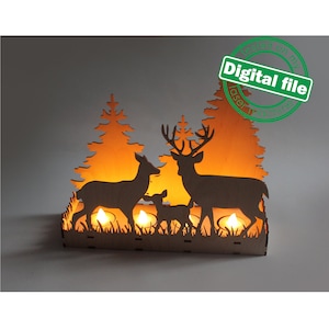 DXF, SVG-Dateien für Laserandle Halter Hirsch Familie im Winterwald, Weihnachtsdekoration, Led-Laterne, Material 3,2 mm