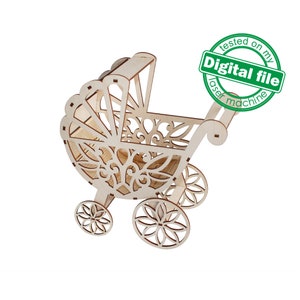 DXF、SVG ファイル、レーザー ミニチュア ベビードール キャリッジ ベビーカー、ギフト ボックス、ベビー シャワー、収納ボックス、Glowforge、材質 1/8 インチ (3.2 mm)