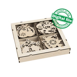 34 kerstboomversieringen in doos, DXF, SVG-bestanden voor laser Grote set, souvenir, commerciële licentie, Glowforge, Materiaal 1/8'' (3,2 mm)