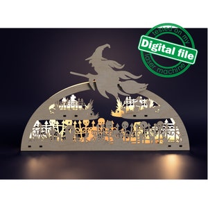 May include: A wooden Halloween-themed archway with a witch flying on a broomstick, a graveyard with tombstones and a fence, and the text "tested on my Digital file laser machine".