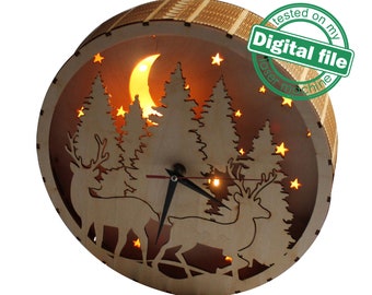Laser Cut Light Box Clock: Deer Winter Forest Scene (Digital Download)