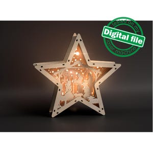 Fichiers DXF, SVG pour étoile de chapiteau laser, étoile de Bethléem, scène de la Nativité, l'enfant Jésus, Deva Maria, sages, décoration de Noël, caisson lumineux multicouche