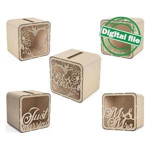 DXF, fichiers SVG pour boîte de carte de mariage personnalisée au laser, boîte pour réception de mariage, tirelire carrée, Glowforge, matériel 1/8 pouce (3,2 mm)