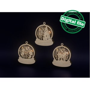 DXF, file SVG per l'ornamento di Natale illuminato al laser, finestra ad arco, camino, albero di Natale, elfi, sera d'inverno, 3 diversi disegni