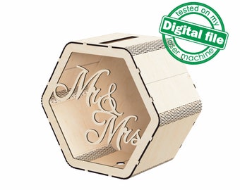 DXF, SVG files for laser Personalized Wedding card box, Box for Wedding Reception, Polygon money box, Glowforge, Material 1/8 inch (3.2 mm)