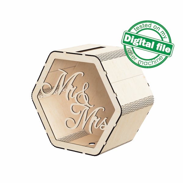 DXF, SVG files for laser Personalized Wedding card box, Box for Wedding Reception, Polygon money box, Glowforge, Material 1/8 inch (3.2 mm)