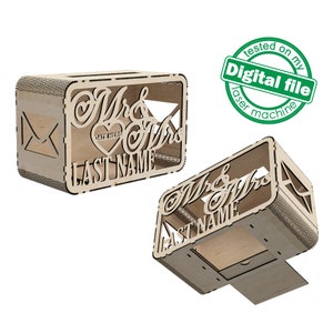 Fichiers DXF, SVG pour laser Boîte à cartes de mariage, tirelire, Mme et M., boîte pour cartes de fiançailles, décoration de mariage, tirelire, matériau 1/8'' (3 mm), Glowforge