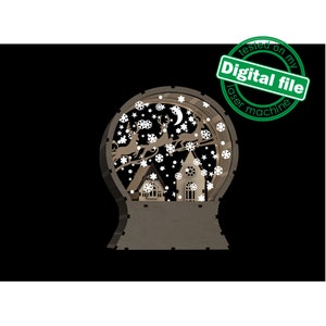 DXF, SVG-bestanden voor laser Light Up Snow Globe, kerstdecor, 3D-huizen, vliegende rendieren, kerstman, sterrenhemel, maan