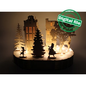 DXF, SVG bestand voor laser Woodland Winter Kerstdecoratie, Light-up podium basis, Woodland Winter Scene, Oude Stad, Bomen, Herten, Huizen