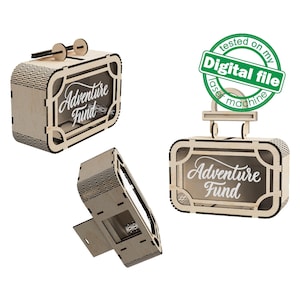 Fichiers DXF, SVG pour découpe laser, fonds de voyage, valise rétro, tirelire aventure, tirelire, pièce de monnaie pour les vacances, épargne, argent liquide pour adultes