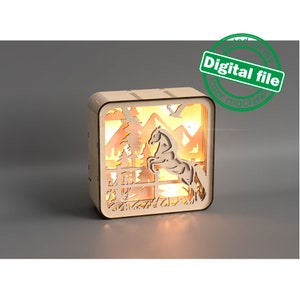 Arquivos DXF, SVG para caixa de luz laser Cavalo e montanhas, Shadowbox, projeto vetorial, Glowforge, espessura do material 1/8 polegada (3,2 mm)