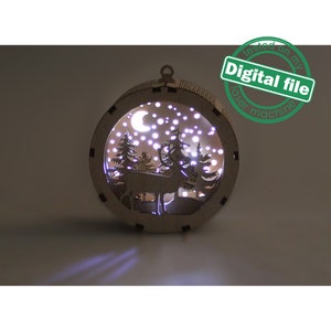 DXF, SVG bestanden voor laser Gift Box en Light-Up 3D Kerst Ornament, Meerlagig Ornament patroon, Starry Sky, Winter bos, Rendier