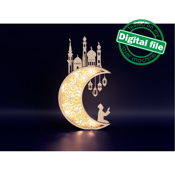 DXF, archivos SVG para luna creciente iluminada con láser, caja de luz islámica, caja de sombras de Ramadán, Eid Mubarak, adorno multicapa, musulmán, mezquita