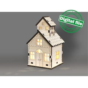 DXF, file SVG per la casa luminosa del tè di Natale laser con soffitta, progetto vettoriale, Glowforge pronto, spessore del materiale 1/8 di pollice (3,2 mm)