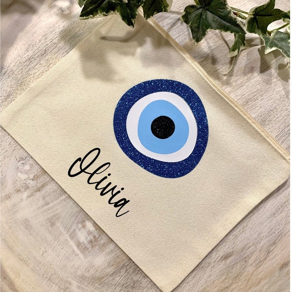 Cotton Canvas Evil Eye Bag, Evil Eye Cosmetic Bag, Bridesmaid Gift, Personalized Makeup Bag, Future Mrs. Gift, Custom Name Makeup Bag