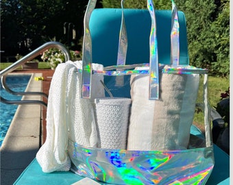 Holographic Beach Bag, Custom Bridesmaid Tote, Iridescent Tote, Bridesmaid Proposal Gift, Honeymoon Gift, Girls Trip Tote, Pool Tote