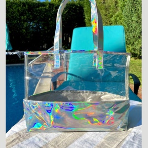 Holographic Beach Bag Tote, Custom Bridesmaid Tote, Iridescent Tote, Bridesmaid Proposal Gift, Honeymoon Gift, Girls Trip Tote, Pool Tote