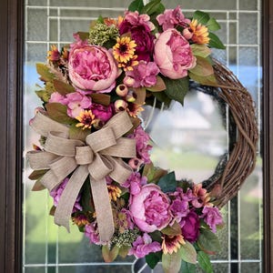 Neutral Farmhouse Mauve Pink Plum Purple Wreath Peonies Hydrangeas, Sunflowers, Housewarming Gift, Elegant Front Door Wreath, Gift for Her