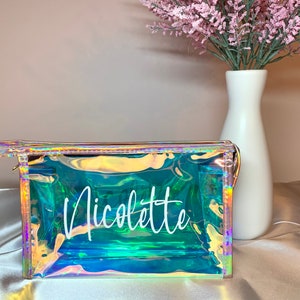 Holographic Cosmetic Bag, Custom Bridesmaid Gift, Holo Rainbow Bag, Iridescent Bag, Travel Toiletry Bag