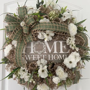 Home Sweet Home Wreath, Elegant Wreath for Front Door with Bow and Sign, Housewarming Gift, Easter Wreath, Mother’s Day Year Round Wreath