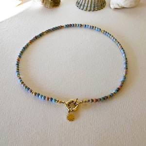 Pastellkette Mongolei Alxa Regenbogen Achat Federring Gold