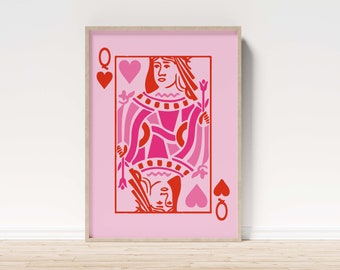 Queen of Hearts Card Printable Wall Art | Pink Vday | Nursery Art | Boho Kid Room | Galentine Party Print | Retro Love **DIGITAL DOWNLOAD**