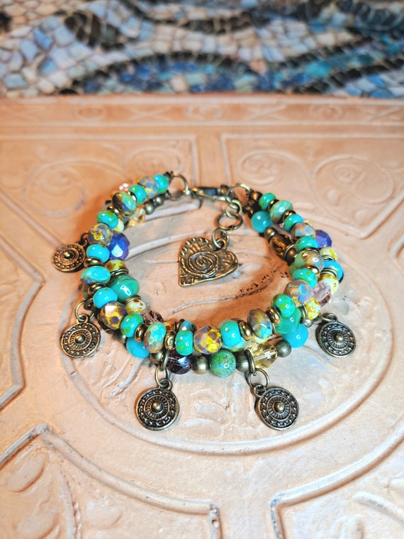 Bracelet Multi-tours En Jaspe Picasso Avec Breloques - Neuf Avec étiquettes