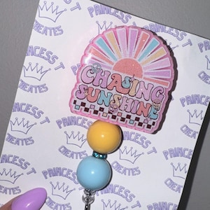 Chasing sunshine, retro sunshine Badge Reel w/ Color Coordinated Beads - detachable - Cute Fun Work Accessory