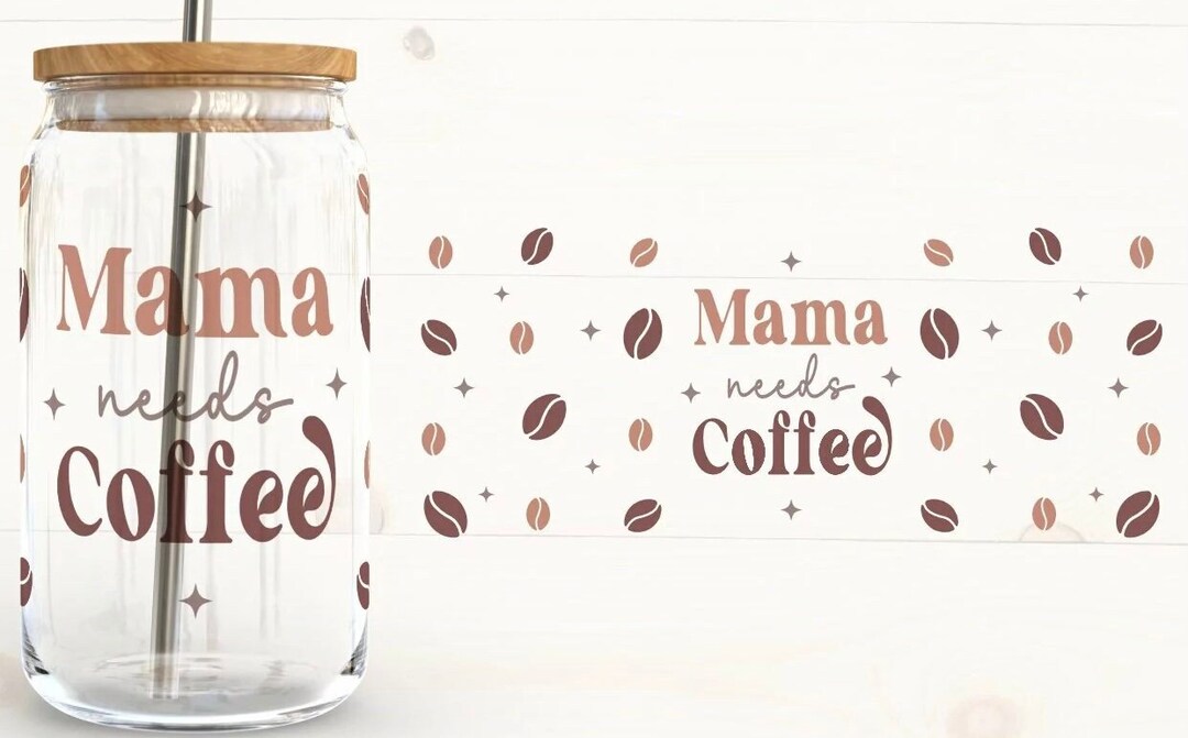Mama Needs Coffee Libbey 16 Oz Glass Cup, Bamboo Lid, Glass Straw