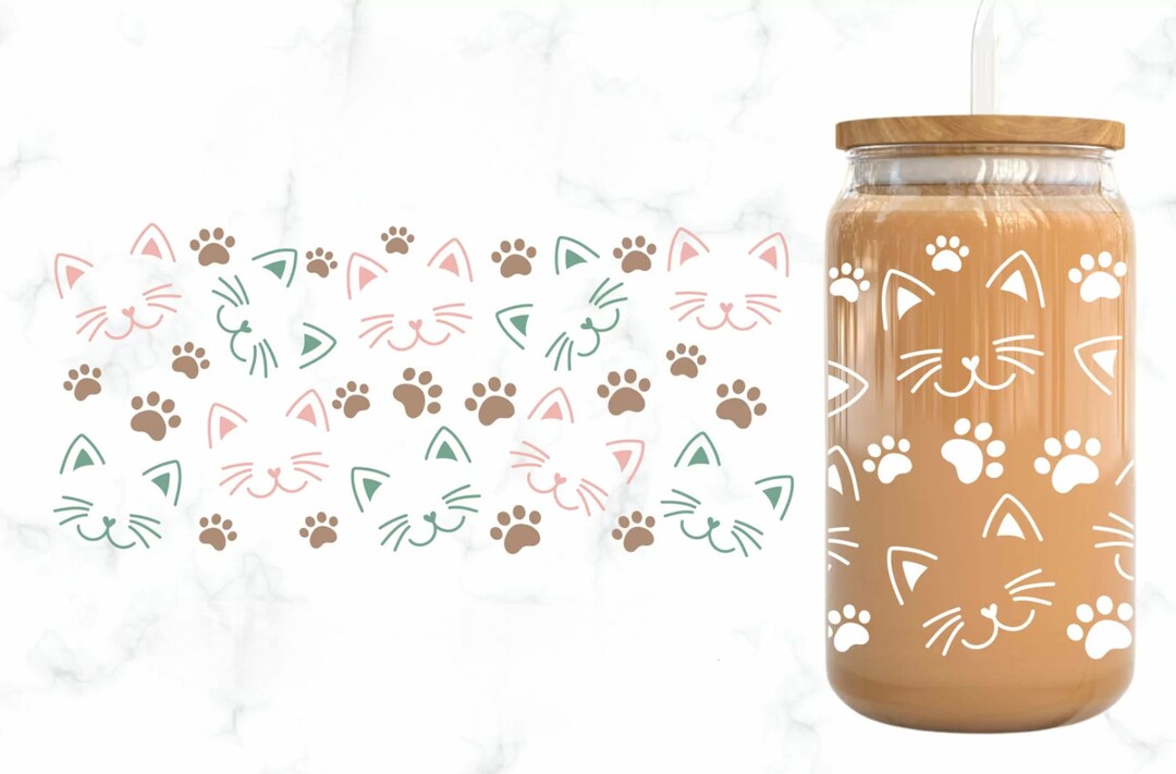 Cat Face and Paw Print Libbey 16 Oz Glass Cup, Bamboo Lid, Glass Straw