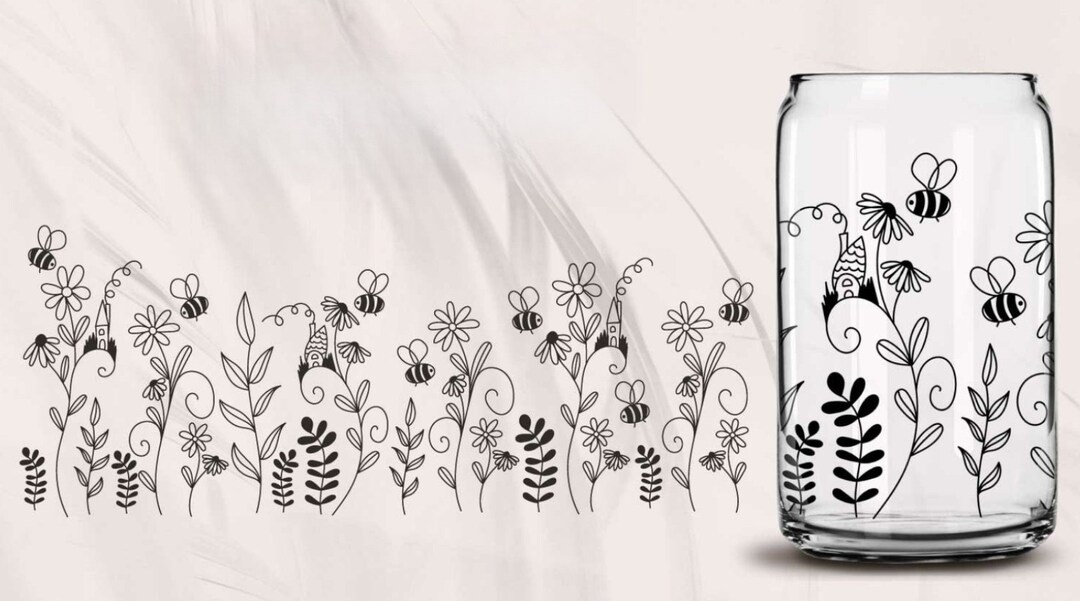 Flowers and Bees Libbey 16 Oz Glass Cup, Bamboo Lid,glass Straw Cleaner