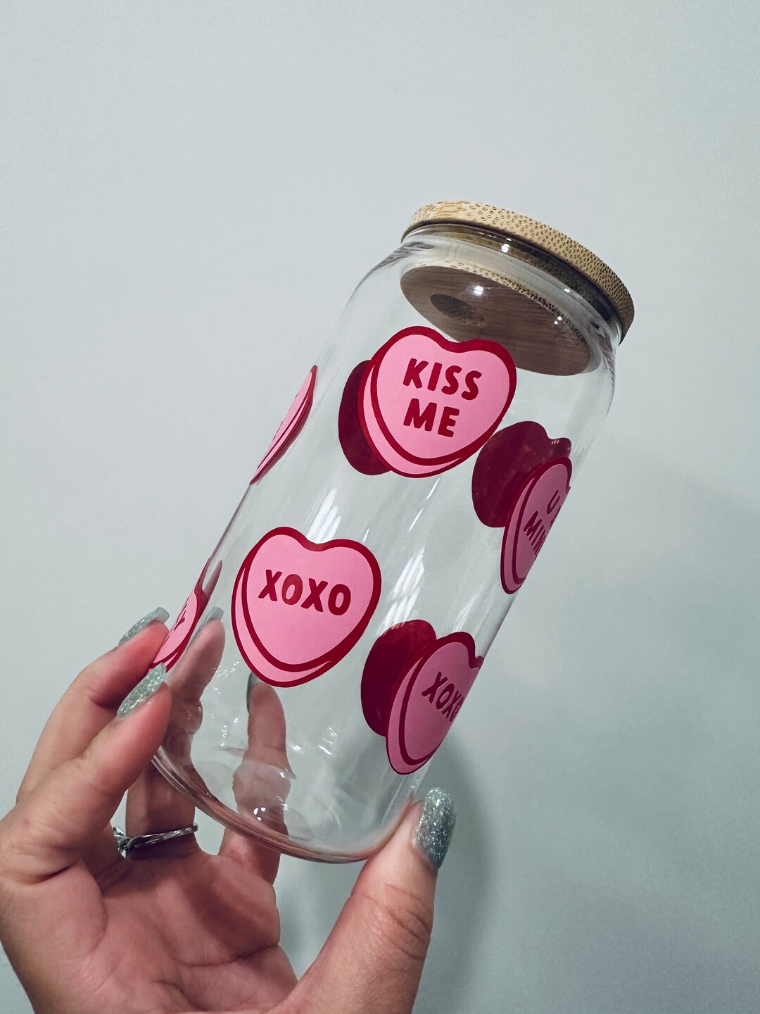 Conversation Heart, Libbey 16 Oz Glass Cup, Bamboo Lid, Glass Straw