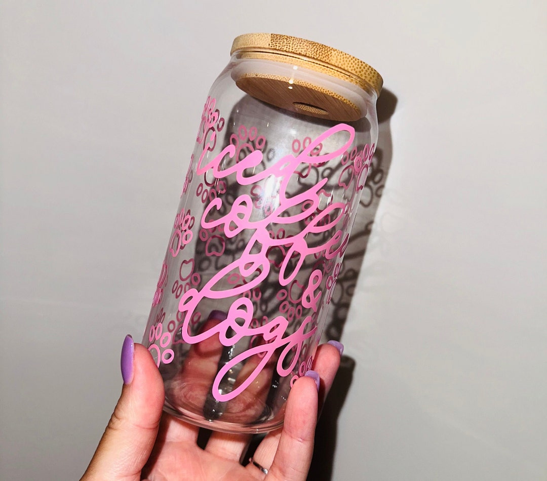 Iced Coffee & Dogs Paw Print Libbey 16 Oz Glass Cup, Bamboo Lid, Glass